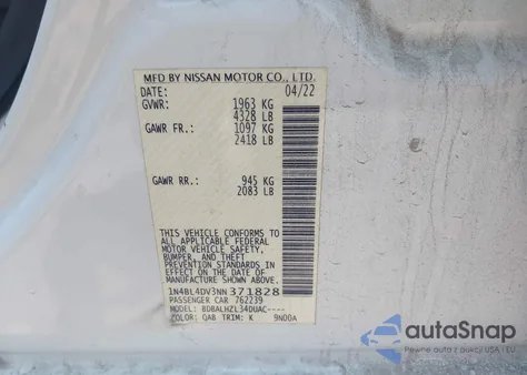 2022 Nissan Altima Sv Fwd z USA, uszkodzony, nr VIN 1N4BL4DV3NN371828